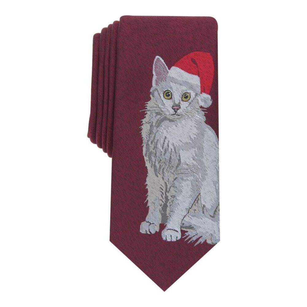 BAR III Mens Burgundy Graphic Holiday Kitty Slim Neck Tie